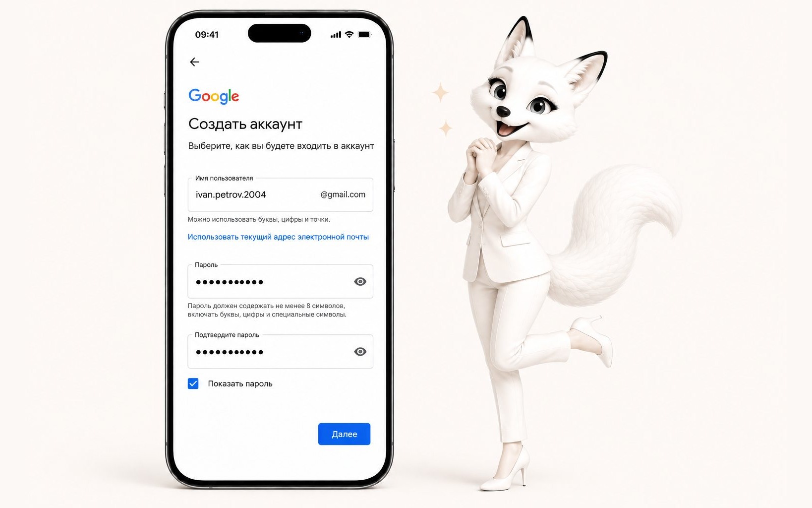 Шаг 5: Почта Gmail и пароль